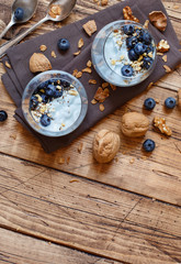 Blueberries and yogurt chia pudding parfait