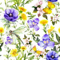 Summer flowers, meadow grasses, spring herbs. Seamless natural background. Watercolor in blue color