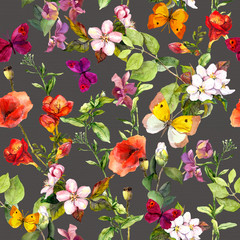 Meadow flowers and butterflies repeating pattern. Watercolor