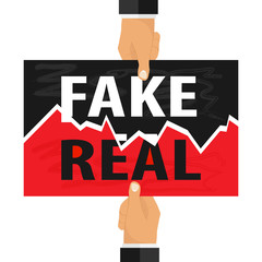 Fake and real sticker on torn paper. Hands break the inscription fake and real. Flat design, vector illustration, vector.