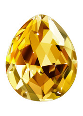 Isolated yellow gemstone on white background. Precious faceted stone in the form of drops