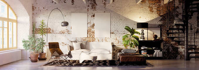 vintage brick loft apartment with emty canvas