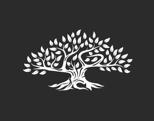 Organic natural and healthy olive tree silhouette logo isolated on dark background.