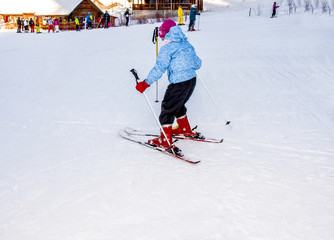 Girl learns to ski, winter, Carpathians