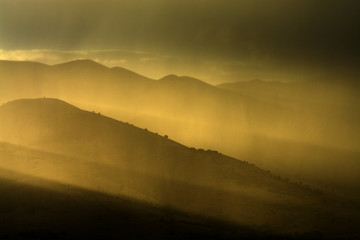 Mountains Golden Sunlight Rays Evening Fog or Mist