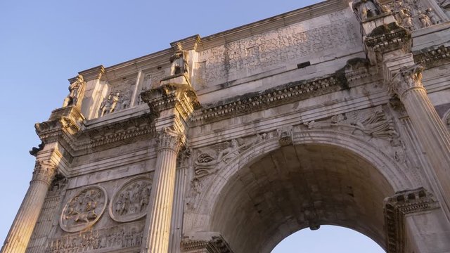 Rome, Italy - Circa July 2018. Stabilized 4K slow motion shot of Arch of Constantine, next to Colosseum.