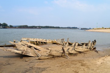 Blick auf den Rhein über das Wrack des 1895 untergegangenen Frachtschiffs 