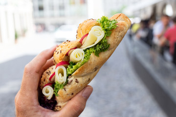Male hand holding cheese and salad crispy whole wheat baguette. Street background.