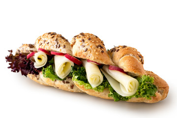Cheese and salad crispy whole wheat baguette isolated on white.
