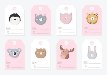 Vector collection of tags with cute animals in pastel colors