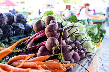 Beetroots, carrots, kohlrabi and red cabbage at market.