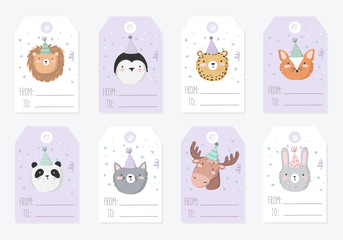 Fototapeta premium Vector collection of tags with cute animals in pastel colors