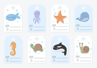 Vector collection of tags with cute sea animals in pastel colors