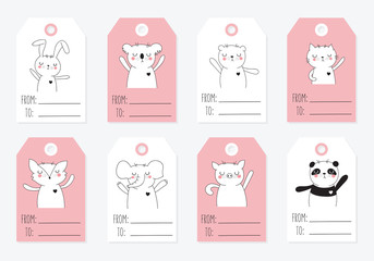 Vector collection of tags with cute animals in pastel colors