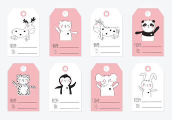 Vector collection of tags with cute animals in pastel colors