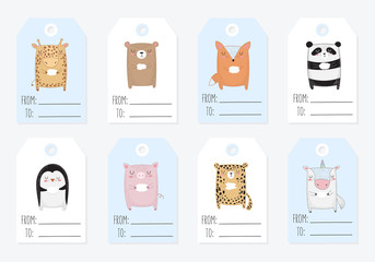 Vector collection of tags with cute animals in pastel colors