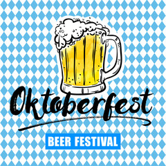 Oktoberfest flyer, lettering and mug of beer on blue traditional background. Festival template celebration. Vector illustration, Design element for congratulation cards, print, banners and others