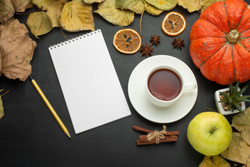 pumpkin bright foliage alarm clock paper note pencil apple. autumn harvest style of the country. flat lying season food view from above dark background banner