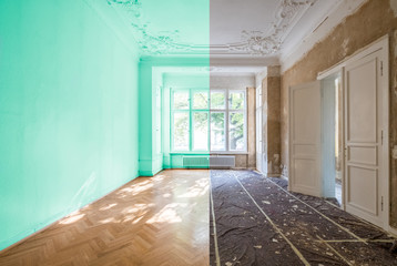 home renovation concept - apartment room before and after restoration 