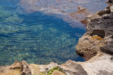 Beautiful natural coast landscape with cavities in rocks and turquoise blue water in Mallorca, Spain.