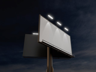 3D rendering of blank billboard (empty advertisement) with clouds at night. Empty mockup template