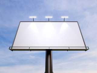 3D rendering of blank billboard (empty advertisement) with clouds at night. Empty mockup template