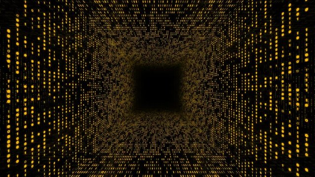Abstract background with flying into digital tunnel from flickering particles, digits 0 and 1 as binary code and plexus of network. Animation of seamless loop.