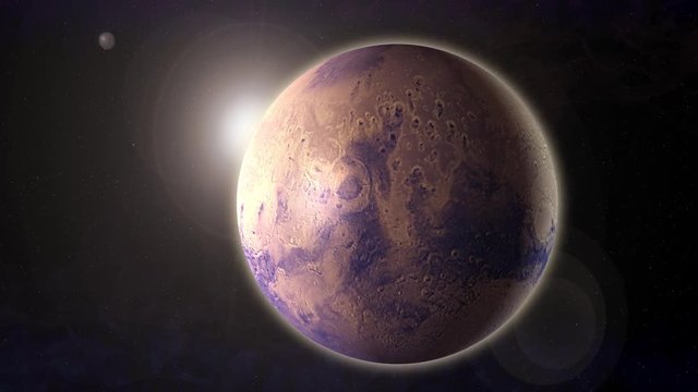 4K Animation of a realistic mars planet with sun flare in space