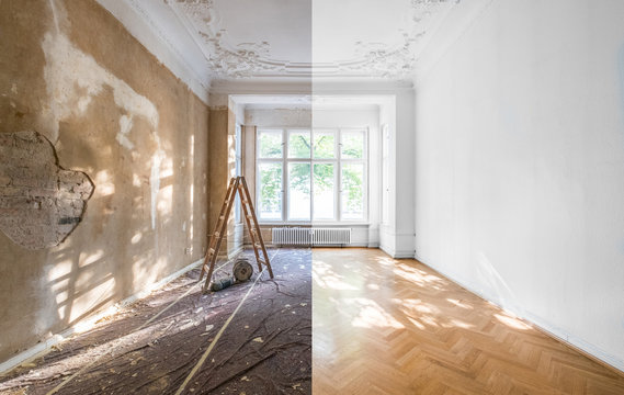 apartment renovation - empty room before and after  refurbishment  or restoration