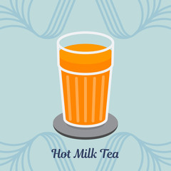 HOT MILK TEA ON BLUE BACKGROUND
A big glass of hot milk tea on the blue background with words and light  blue pattern.