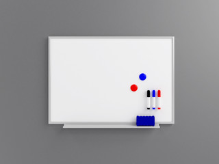 Empty whiteboard (magnetic board) on gray wall. Mockup template- 3D rendering