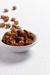 Soaked tiger nuts, used to make traditional Valencian horchata, closeup, copy space