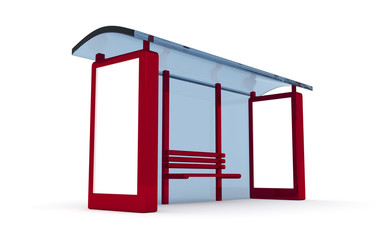 3D rendering of bus stop with blank vertical billboard (light box) isolated on white background