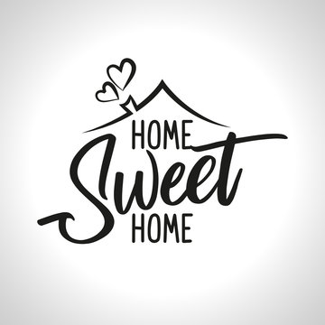 Home Sweet Home - Typography poster. Handmade lettering print. Vector vintage illustration with house hood and lovely heart and incense chimney. 