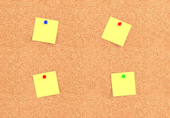Empty cork board (noticeboard) with yellow sticky notes isolated on white. Mockup template - 3D rendering