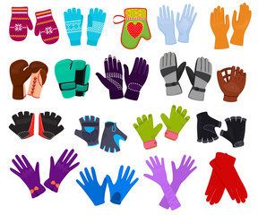 Glove vector woolen xmas mittens and protective pair of gloves illustration set of boxxing-gloves or knitted mitts clothes for hand fingers isolated on white background