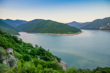beautiful view of the reservoir with blue water among the mountains