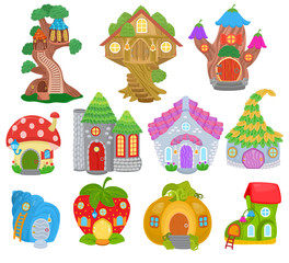 Obraz na płótnie Canvas Fantasy house vector cartoon fairy treehouse and magic housing village illustration set of kids fairytale pumpkin or strawberry playhouse for gnome isolated on white background
