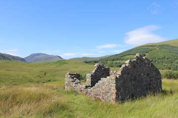 View of the beautiful landscape of Glen More on the Isle of Mull near the A849, with an abandoned croft in the foreground. © Imladris