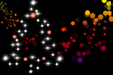 Christmas tree illustration made with lights and colorful sparkles on black background