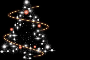 Christmas tree illustration made with lights and colorful sparkles on black background