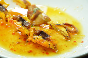 grilled squid dressing spicy sauce on white plate