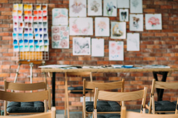 crafty room. artful studio workshop. empty painting class of art school. creative painter workspace.