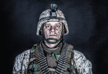 Shoulder portrait of experienced army soldier, military conflict veteran, skilled marine fighter in...