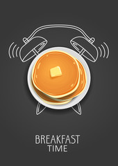Breakfast time. Realistic pancake with butter and painted alarm clock. Concept. Vector illustration