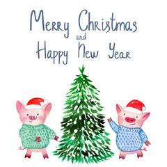 Watercolor Pigs in sweater and Christmas tree. 2019 Chinese New Year of the Pig. Christmas greeting card.   Isolated on white background. Cute watercolor illustration. 