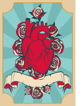 Valentine's Day card in vintage style.  Human heart and red roses on blue background. Vector illustration