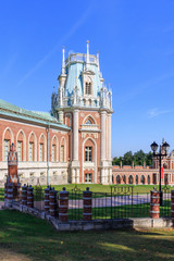 Fototapeta na wymiar Architectural ensemble of Great Palace in territory of Museum-reserve Tsaritsyno in Moscow at sunny summer morning against blue sky