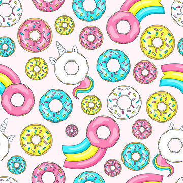 Donut unicorn with white  glaze and rainbow tail, pink, blue mint and yellow lemon donuts, donut comet with rainbow. Seamless pattern. Vector illustration