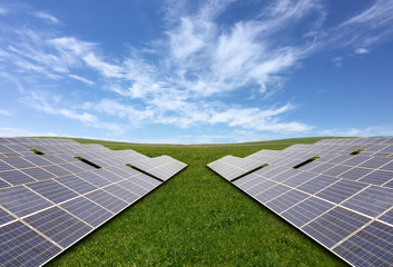 Huge solar panels generate electricity on vast grasslands